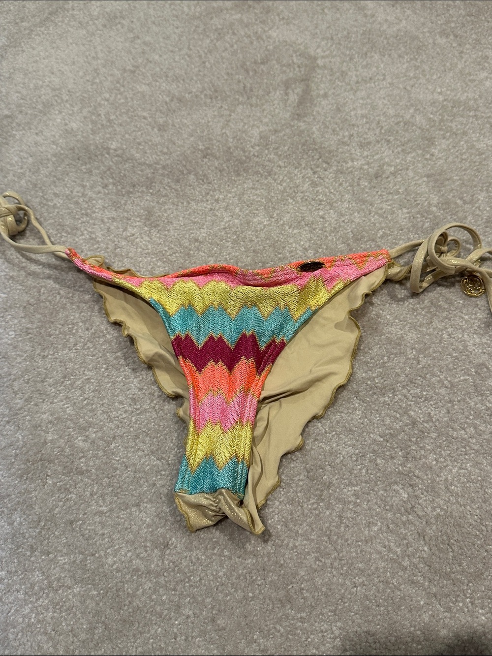 Luli Fama Multicolor Zigzag Tie-Side Bikini Bottom with Beige Trim